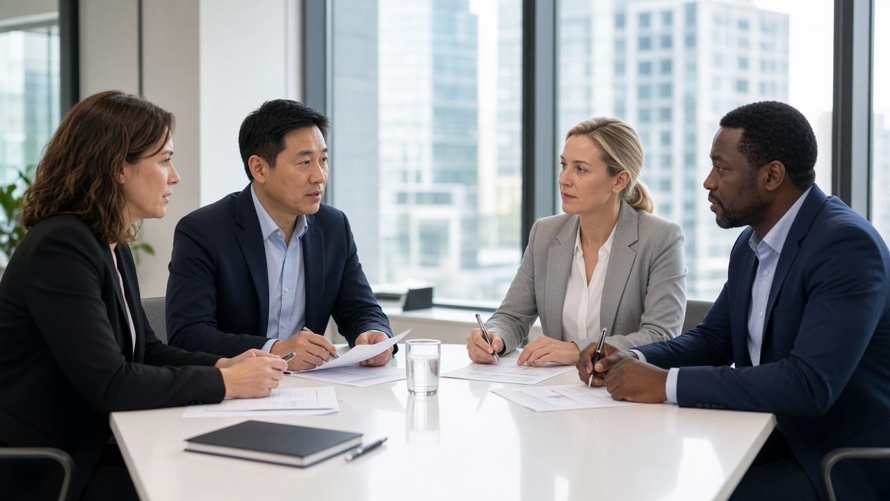 Coverage team reviewing plans around a conference table