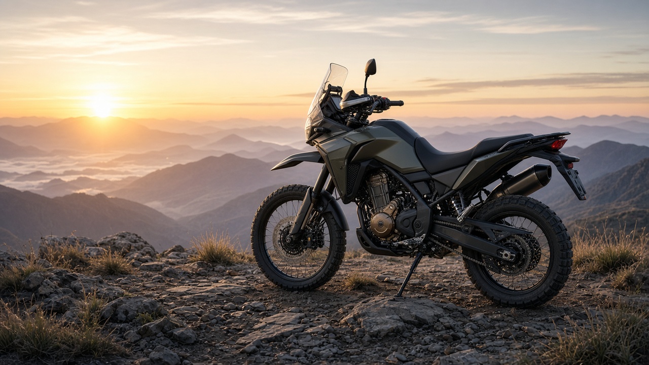 Adventure motorcycle parked at a mountain overlook