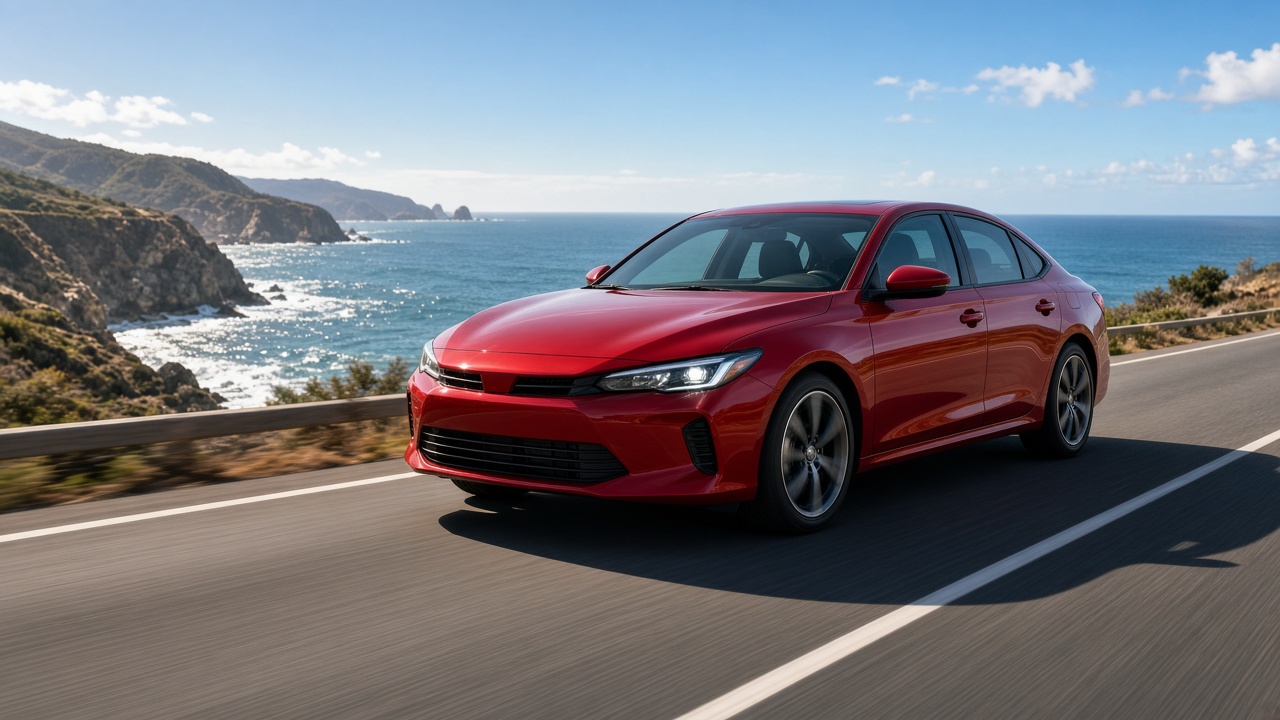 Red sedan on a sunny coastal road