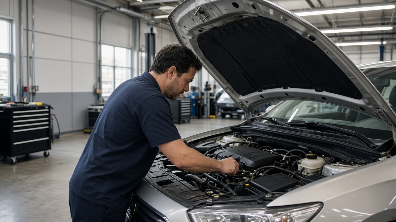 Technician inspecting an engine bay