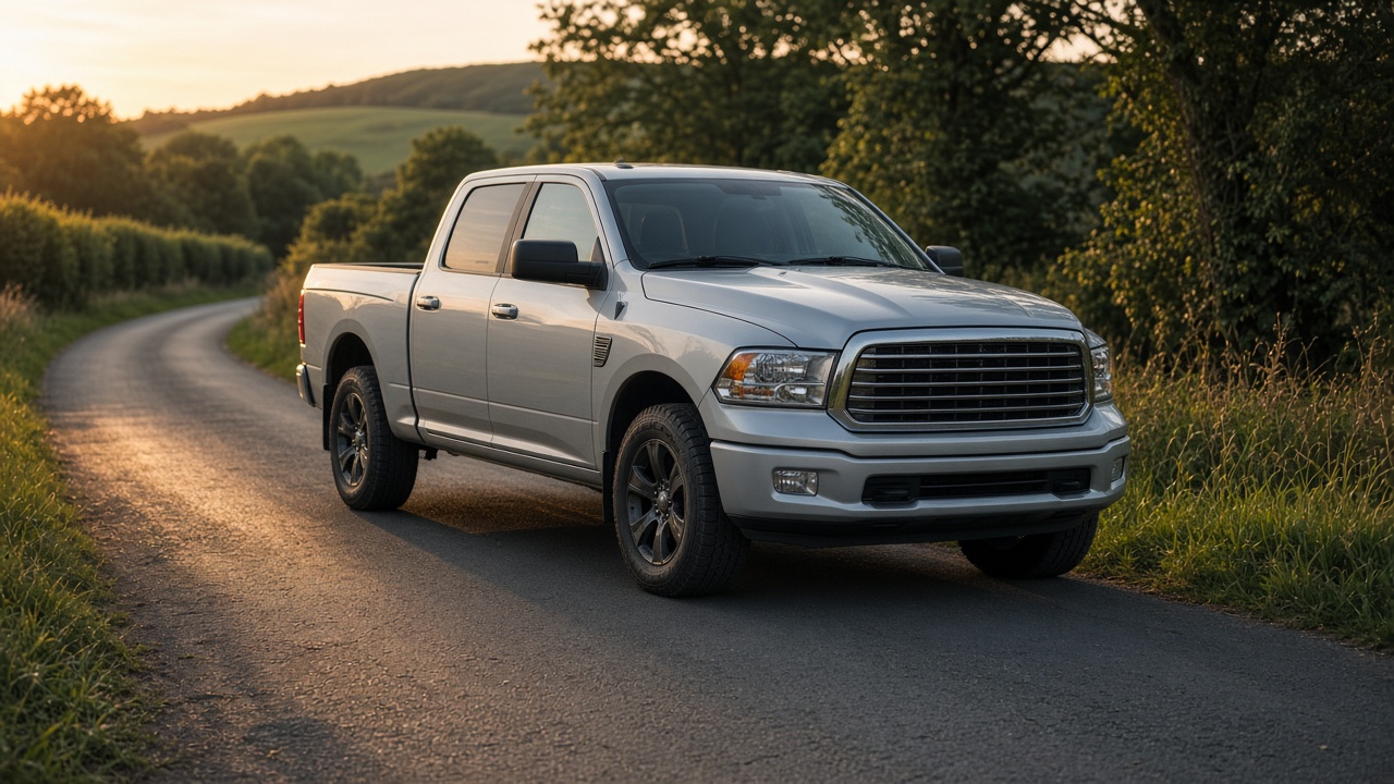 Silver pickup on a country road